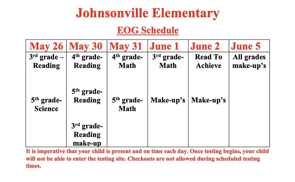 2023 Johnsonville EOG Testing Schedule Johnsonville Elementary School